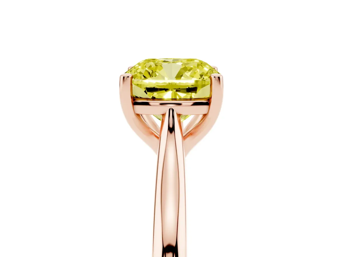 Fancy Yellow Cushion Cut Cut Solitaire Ring with Cathedral Band and Four-Prong Setting Rose gold