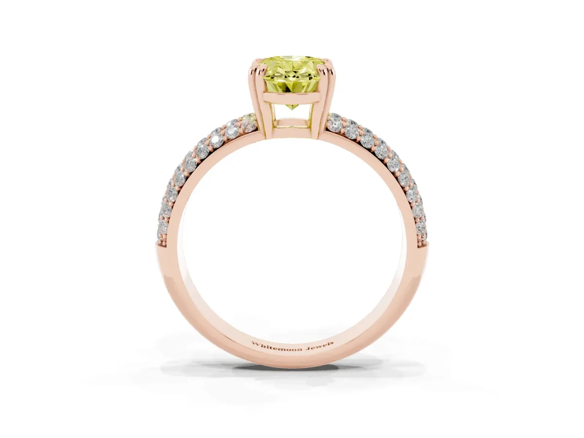 Fancy Yellow Oval Cut Diamond Solitaire Ring with Multi-Row Round Pavé Band and Prong Setting Rose gold