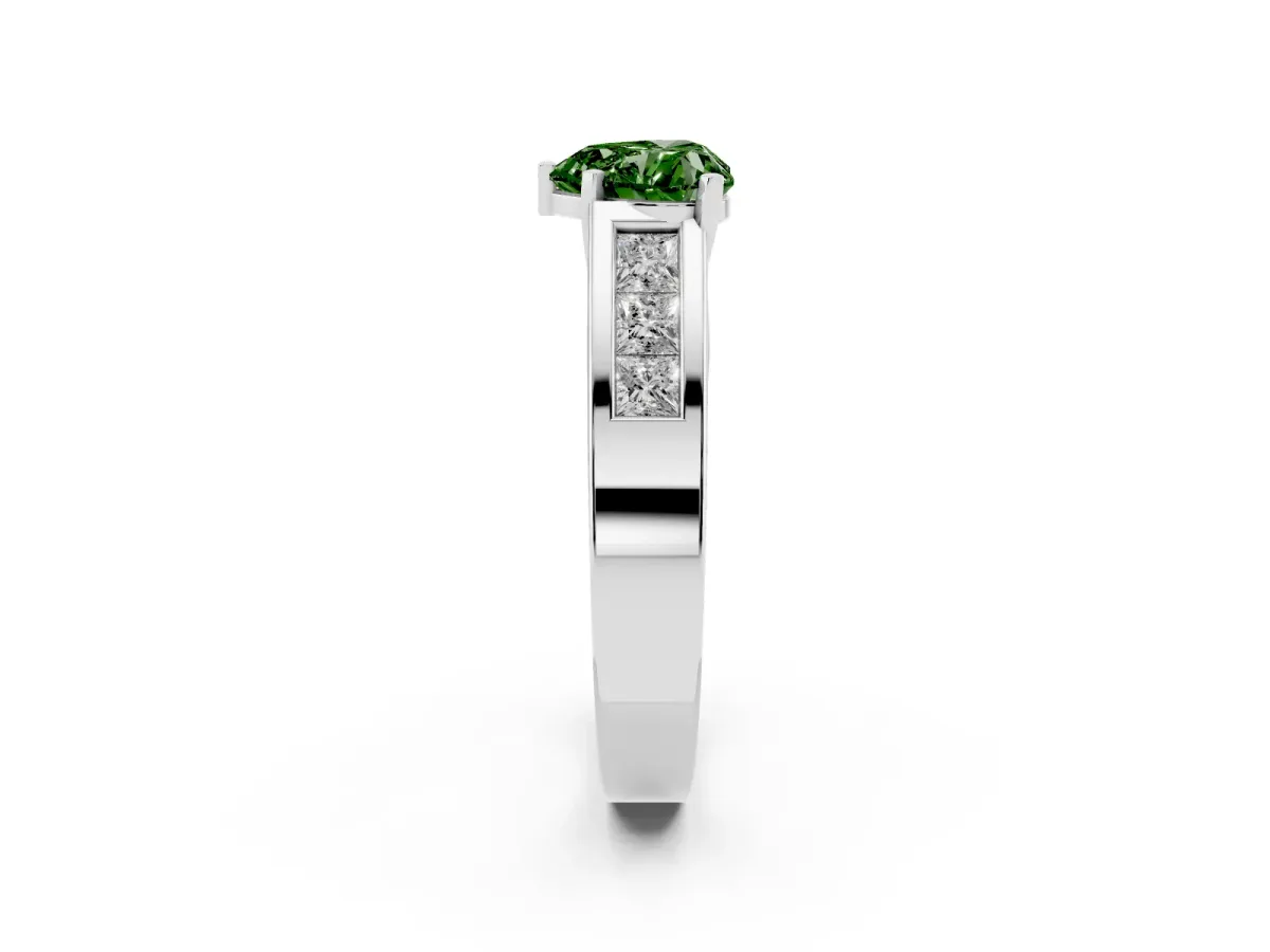 Fancy Green Heart Cut Cut Channel Set Solitaire Ring with Four-Prong Setting Silver