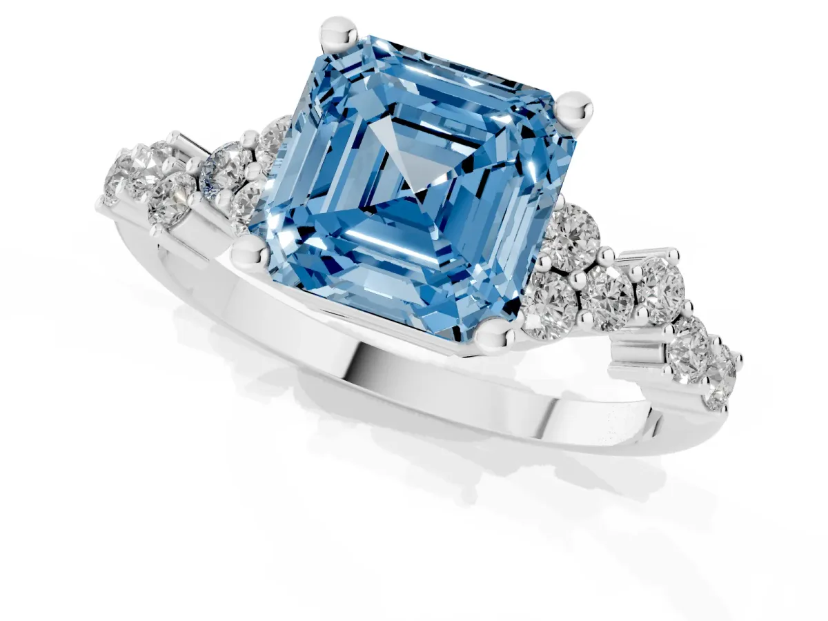 Fancy Blue Asscher Cut Diamond Scattered Round Accent Ring with Prong Setting White gold