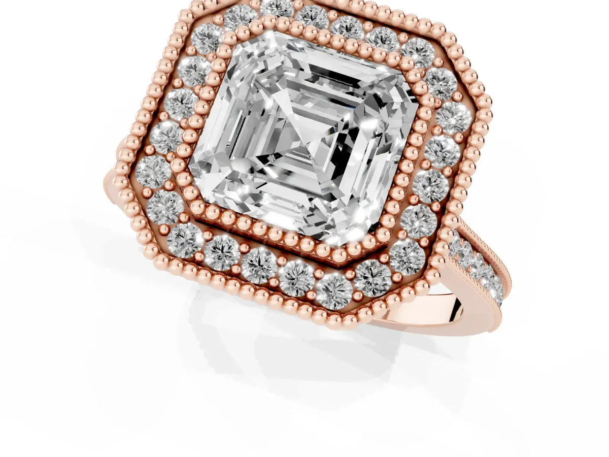 Asscher Cut Diamond Halo Ring with Milgrain Frame and Pavé Band Rose gold