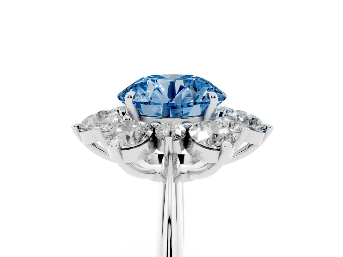 Fancy Blue Round Cut Diamond Cluster Halo Ring with Solitaire Band and Four-Prong Setting Silver