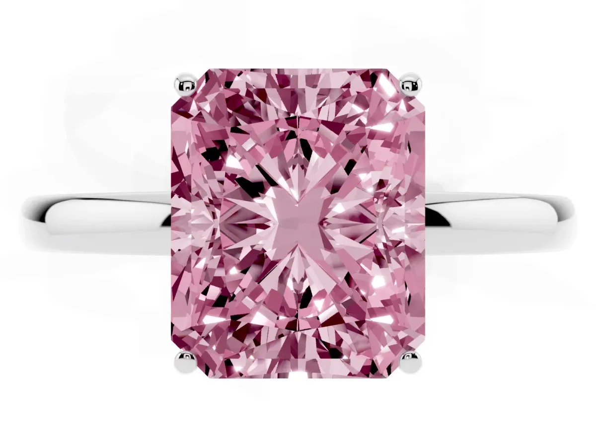 Fancy Pink Radiant Cut Solitaire Diamond Ring with Prong Setting and Plain Band Platinum