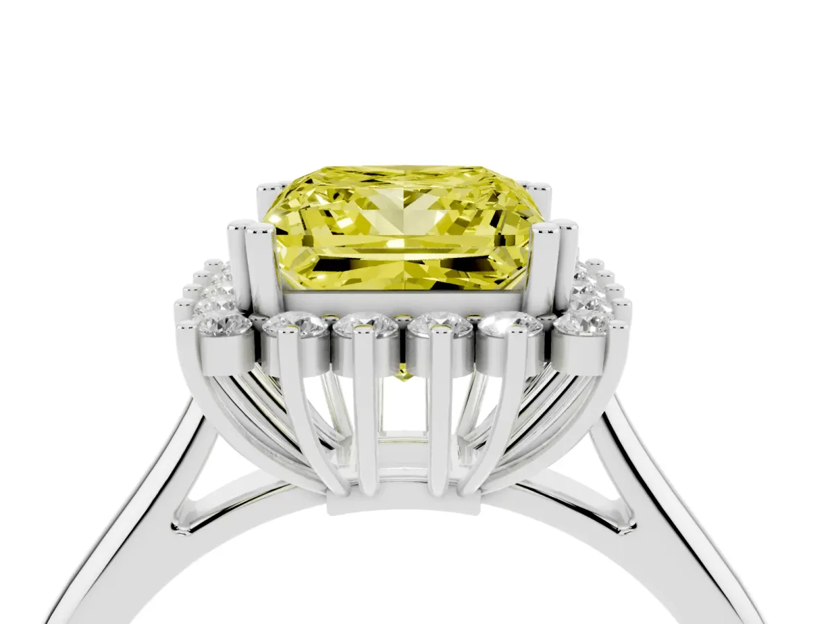 Fancy Yellow Princess Cut Cut Diamond Halo Ring with Solitaire Band and Prong Setting Silver