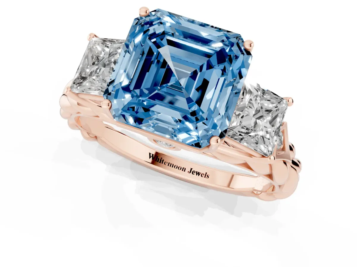 Fancy Blue Three-Stone Asscher Cut Diamond Braided Band Ring with Four-Prong Setting Rose gold