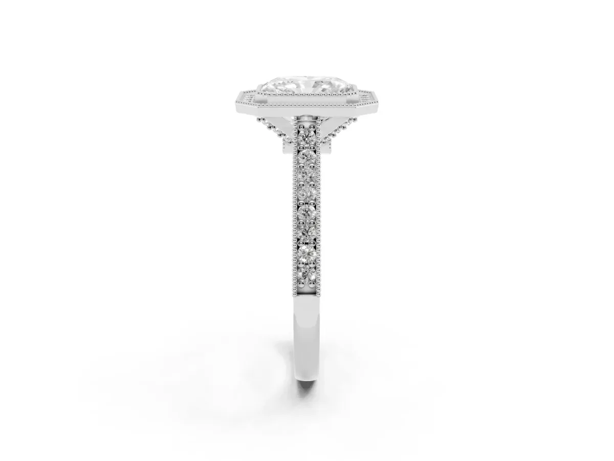 Halo Radiant Cut-Cut Diamond Pave Band Milgrain Prong Setting Ring Silver