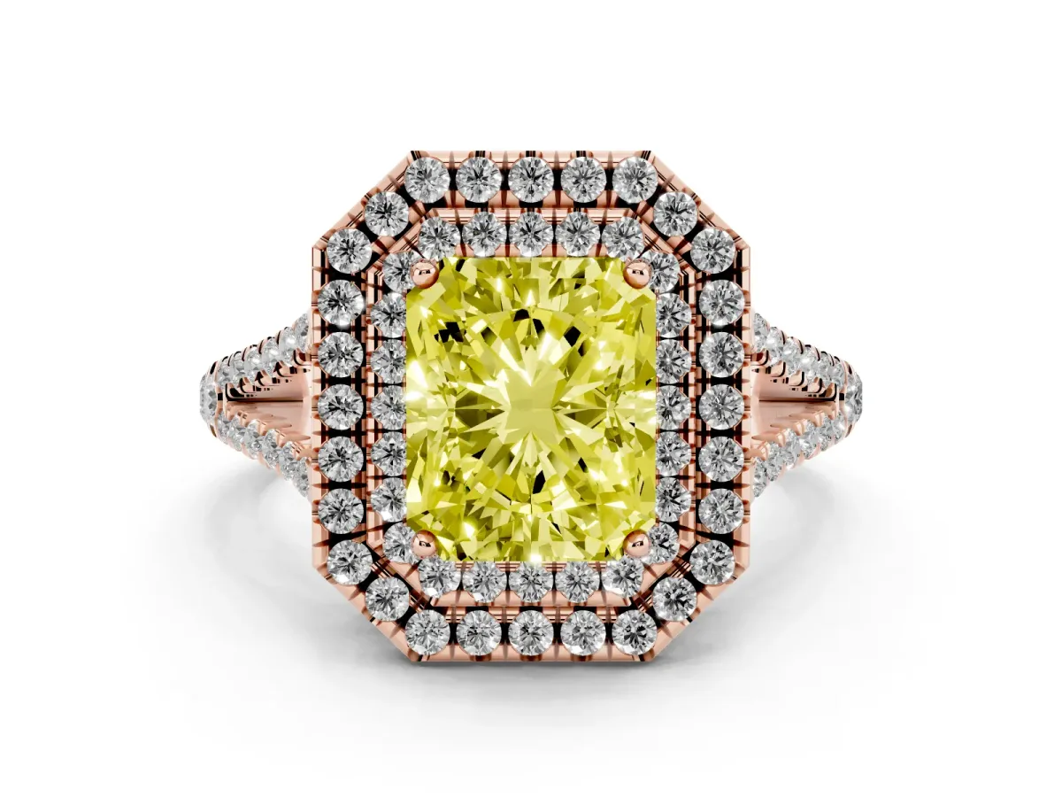 Fancy Yellow Radiant Cut Diamond Double Halo Ring with Pavé Band and Prong Setting Rose gold