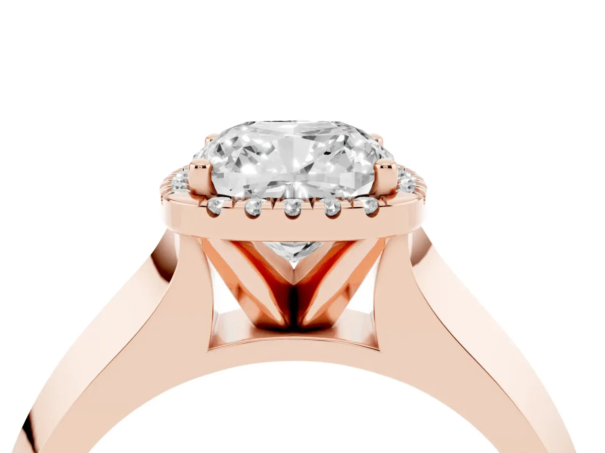 Cushion Cut Halo Diamond Ring with Cathedral Band and Four-Prong Setting Rose gold