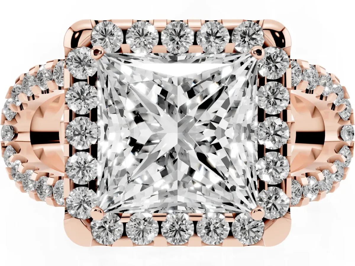 Princess Cut Cut Diamond Halo Engagement Ring with Open Split Pavé Band Rose gold