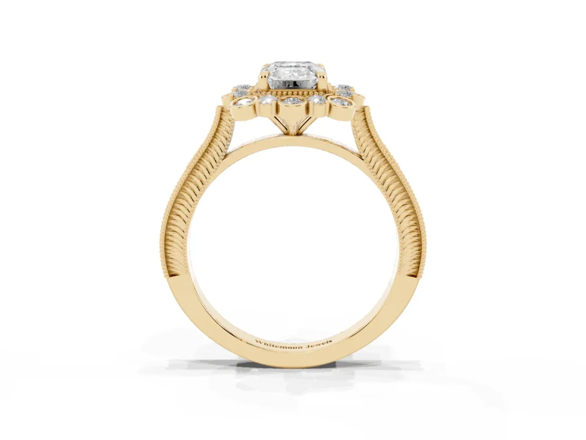 Emerald Cut Halo Milgrain Pave Diamond Ring with Four-Prong Setting Yellow gold