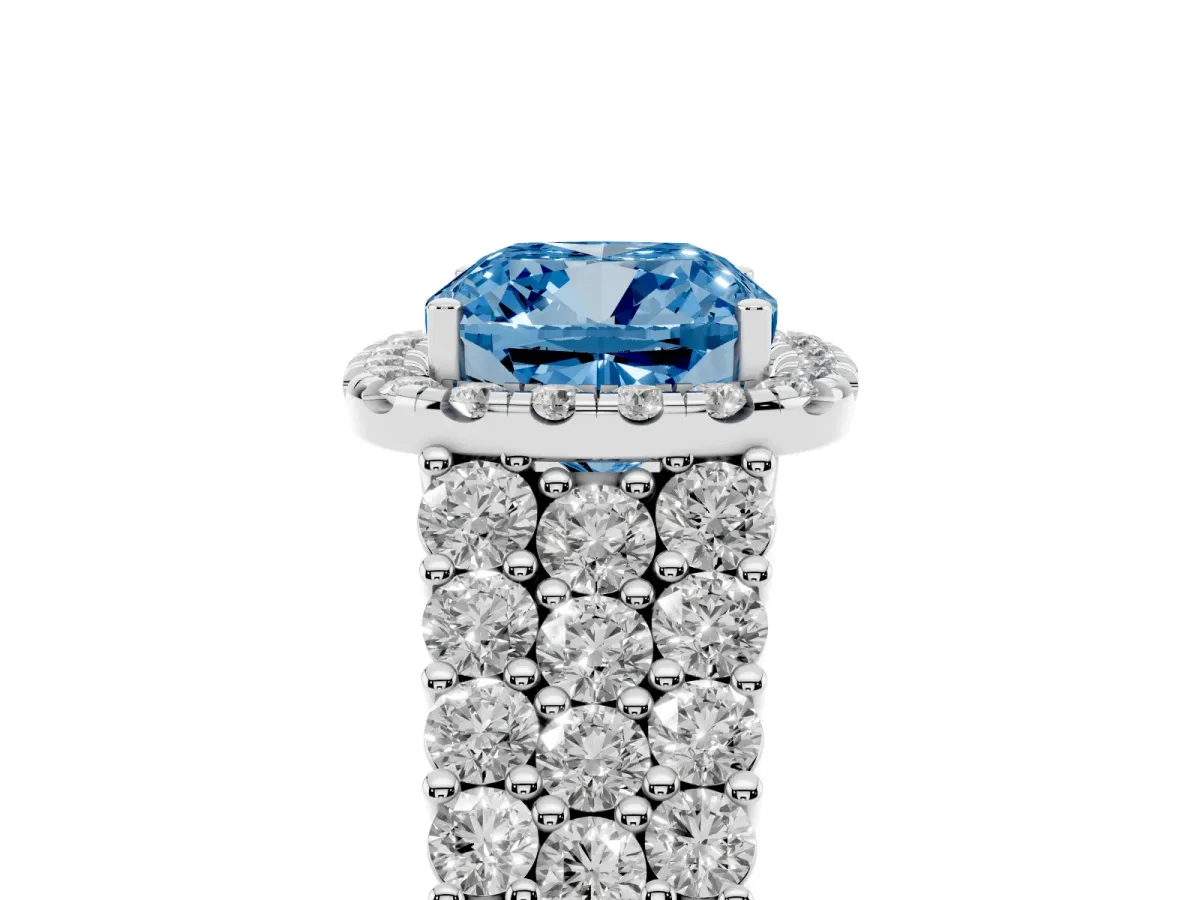 Fancy Blue Cushion Cut Diamond Halo Engagement Ring with Triple Row Round Pavé Band and Prong Setting Silver