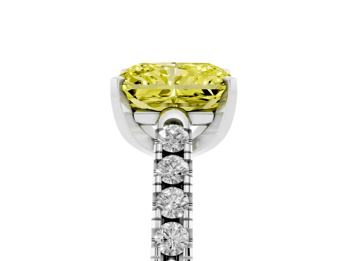 Fancy Yellow Radiant Cut Diamond Pavé Band Solitaire Ring with Prong Setting Silver
