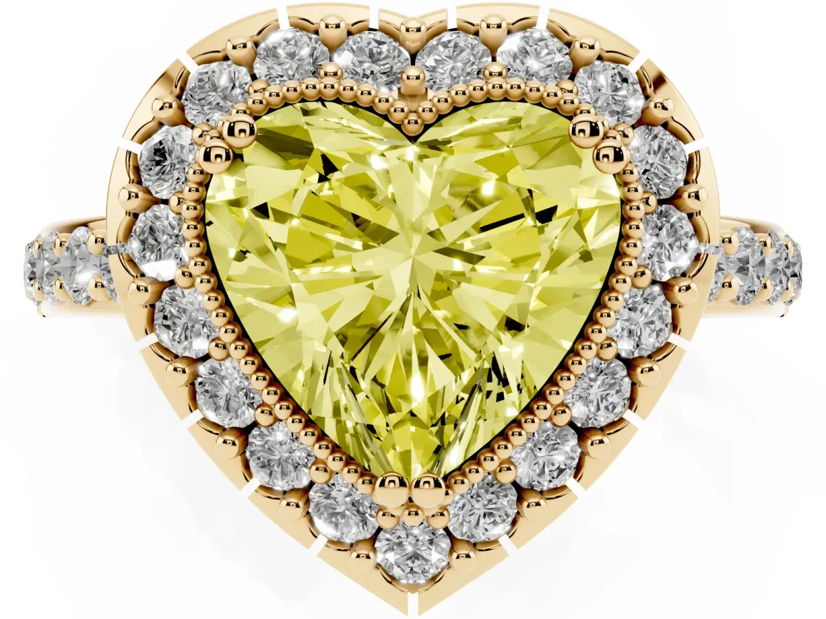 Fancy Yellow Heart Cut Diamond Halo Ring with Pavé Band and Prong Setting Yellow gold