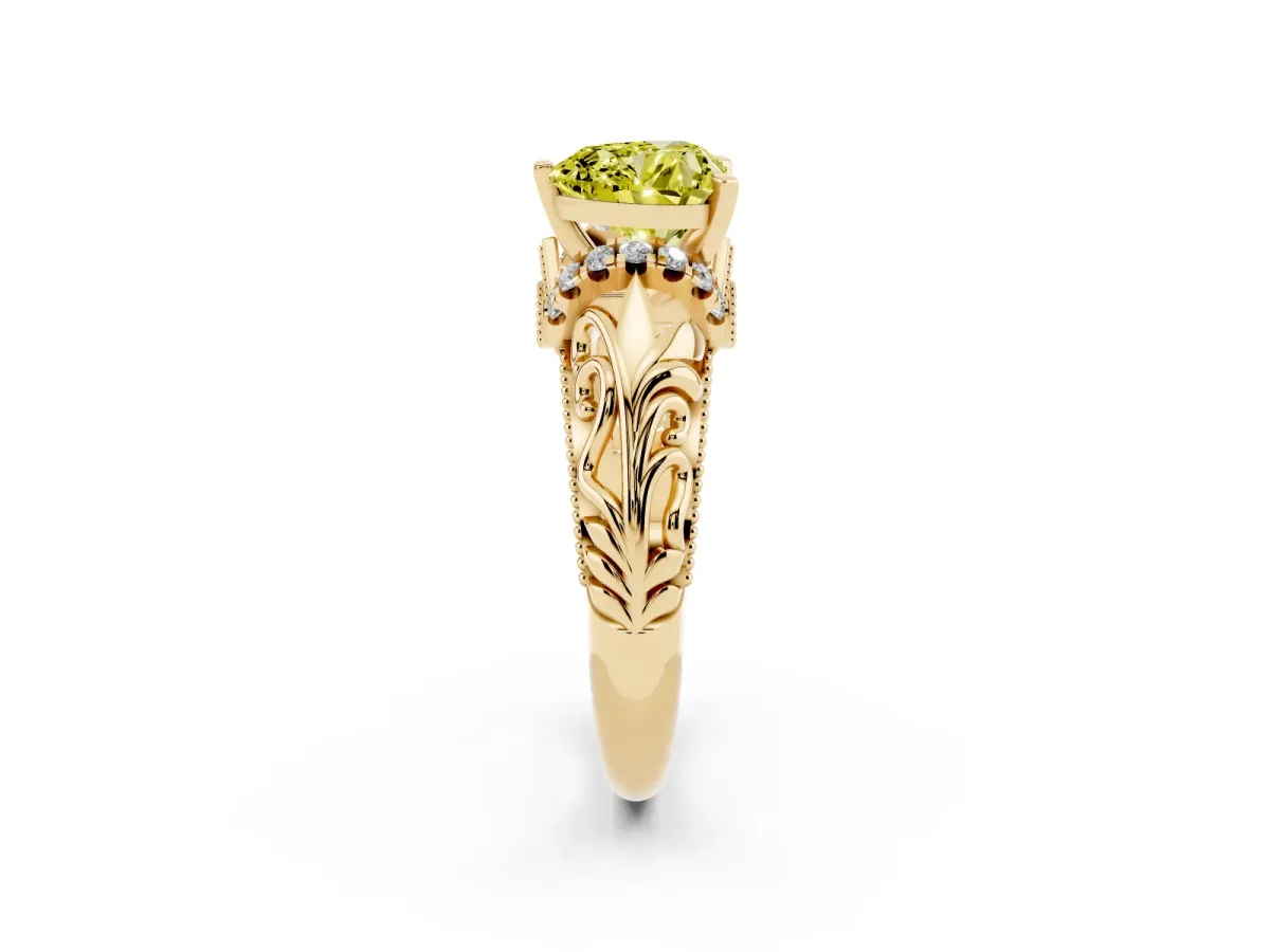 Fancy Yellow Heart Cut Solitaire Filigree Engagement Ring with Halo and Prong Setting Yellow gold