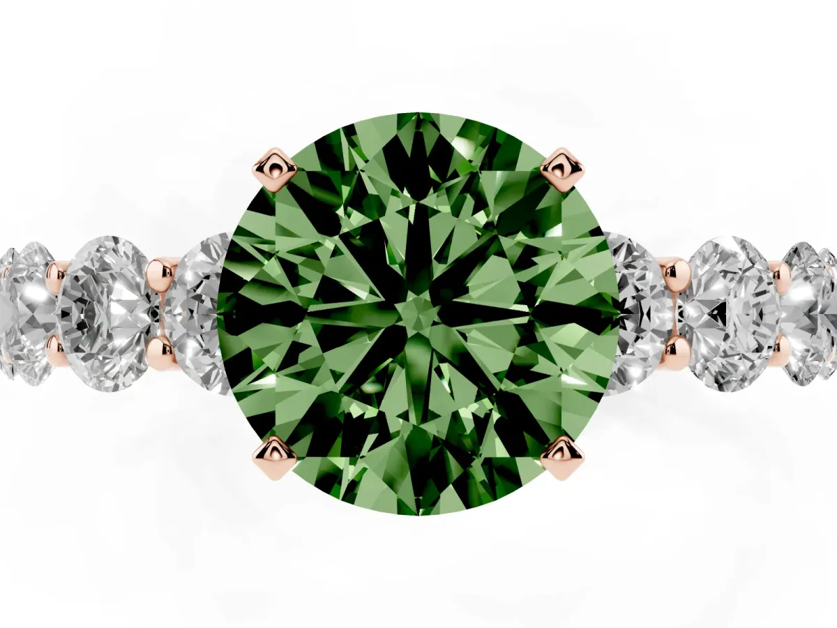 Fancy Green Round Cut Diamond Prong Setting with Side Stones on a Pave Band Rose gold