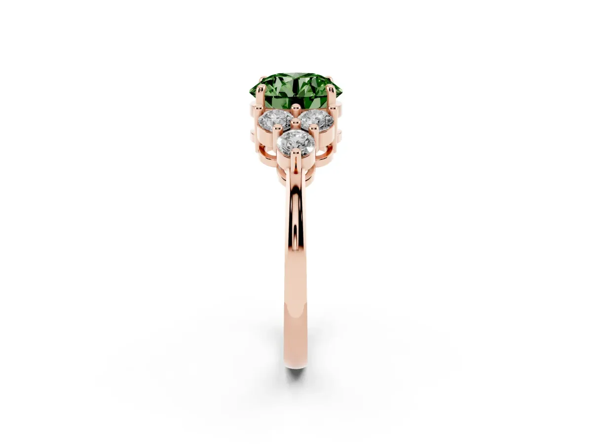 Fancy Green Round Cut Brilliant Diamond Cluster Accent Solitaire Ring with Prong Setting Rose gold