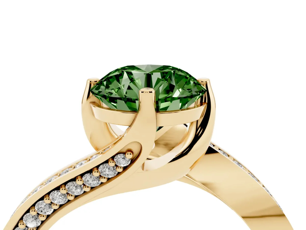 Fancy Green Round Cut Solitaire Diamond Twist Band with Pavé Setting and Four-Prong Setting Yellow gold