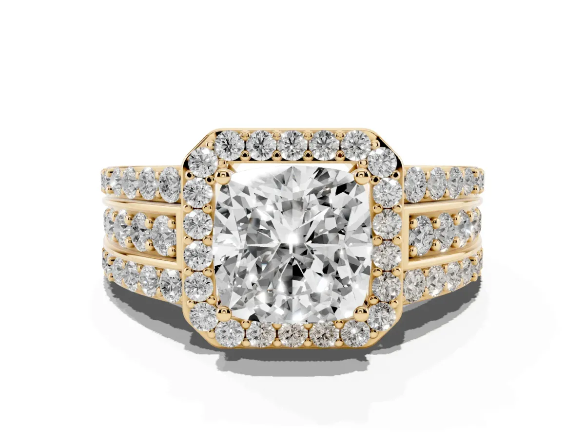 0.5 Carat Cushion Cut Halo Ring with Round Split Shank and Prong Setting Yellow gold