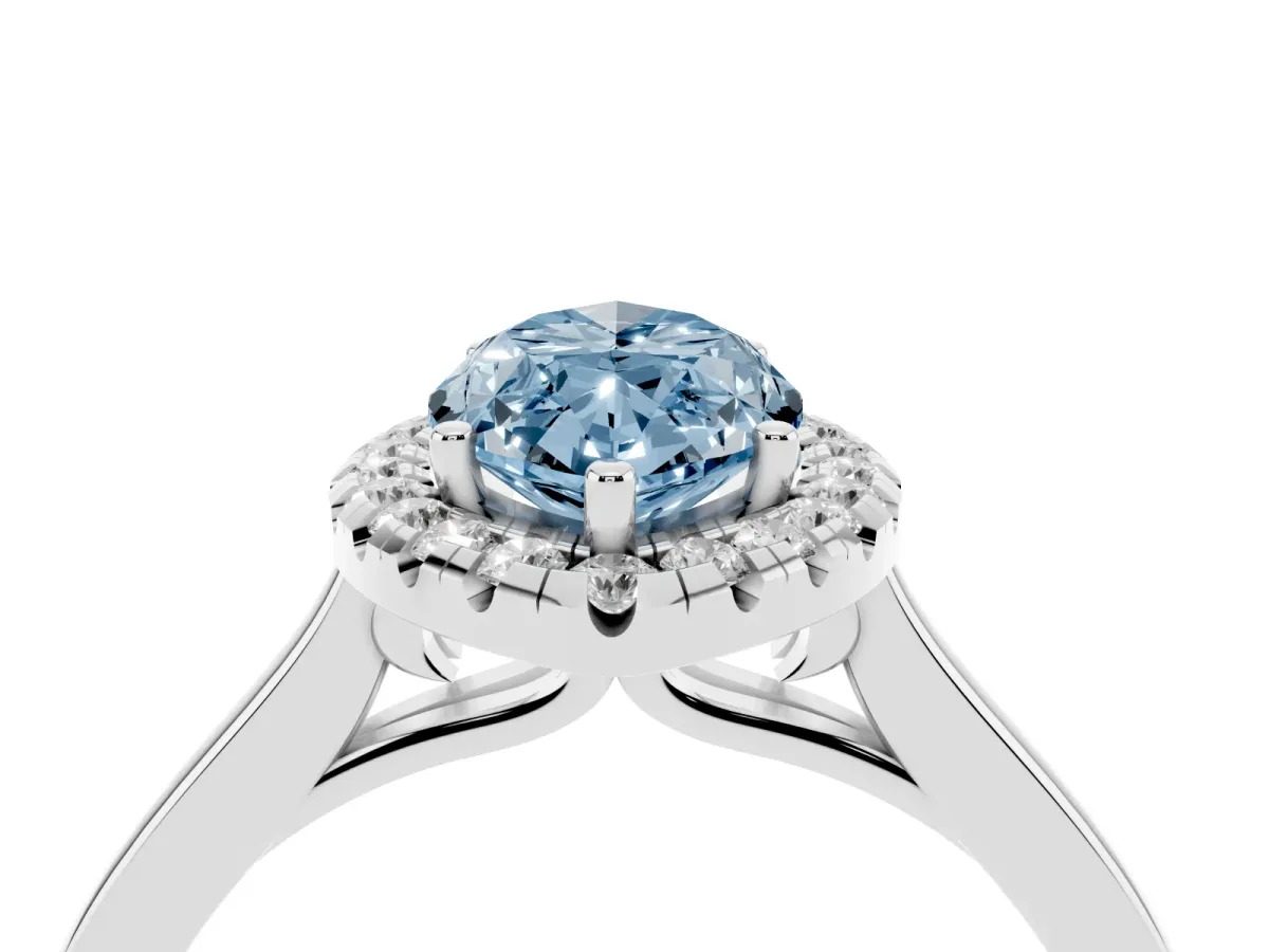 Fancy Blue Marquise Cut Halo Round Diamond Solitaire Ring with Pavé Band and Four-Prong Setting Silver
