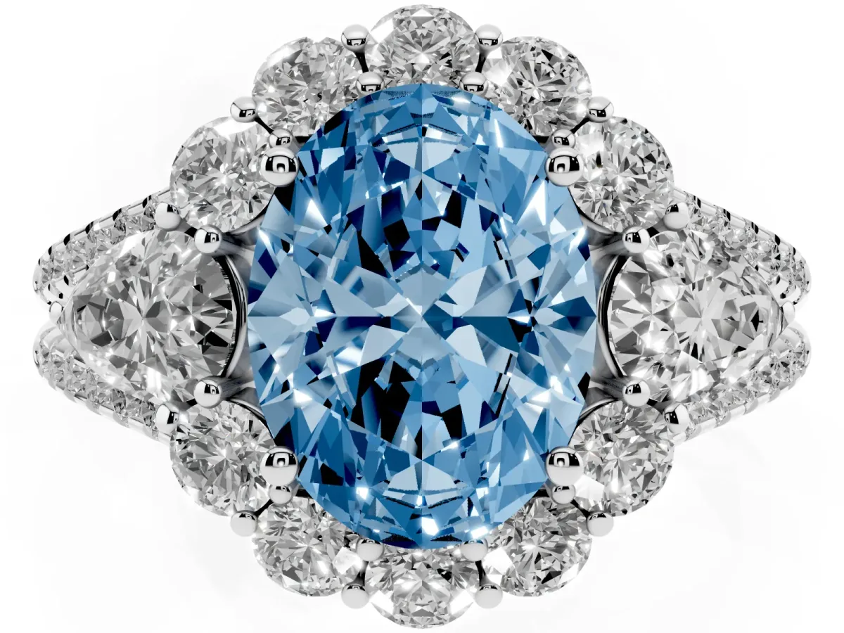 Fancy Blue Oval Cut Halo Split Shank Diamond Engagement Ring with Prong Setting Platinum