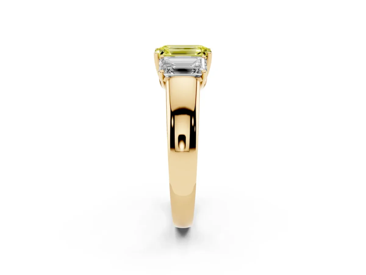 Fancy Yellow Three-Stone Emerald Cut Cut Diamond Ring with Prong Setting and Classic Band Yellow gold