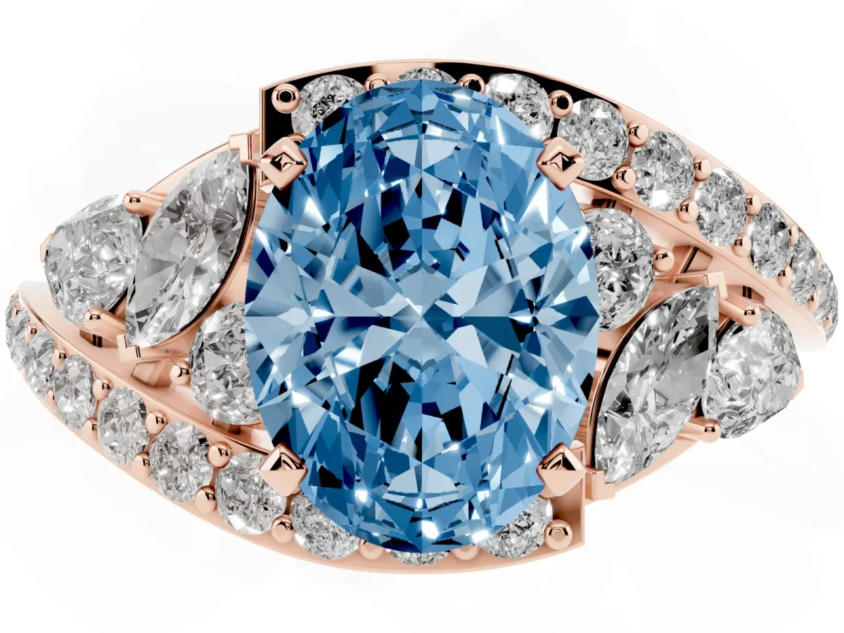 Fancy Blue Oval Cut Diamond Halo Ring with Marquise and Pavé Band in Prong Setting Rose gold