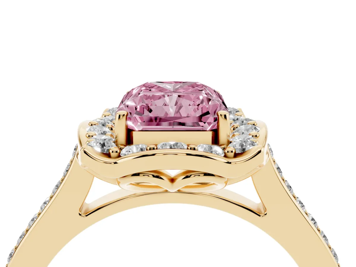 Fancy Pink Radiant Cut Halo Round Diamond Pave Band with Four-Prong Setting Yellow gold