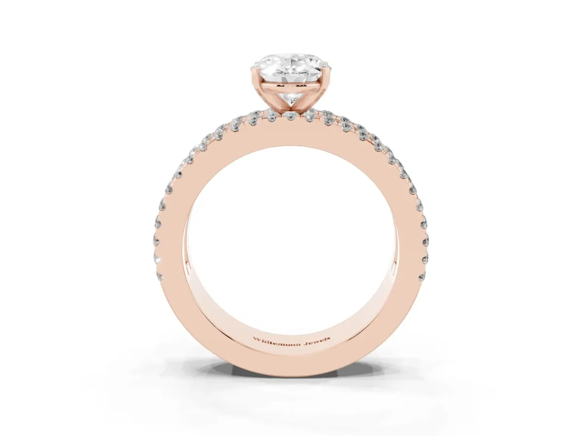 Oval Cut Diamond Solitaire Ring with Pavé and Channel Set Band Rose gold