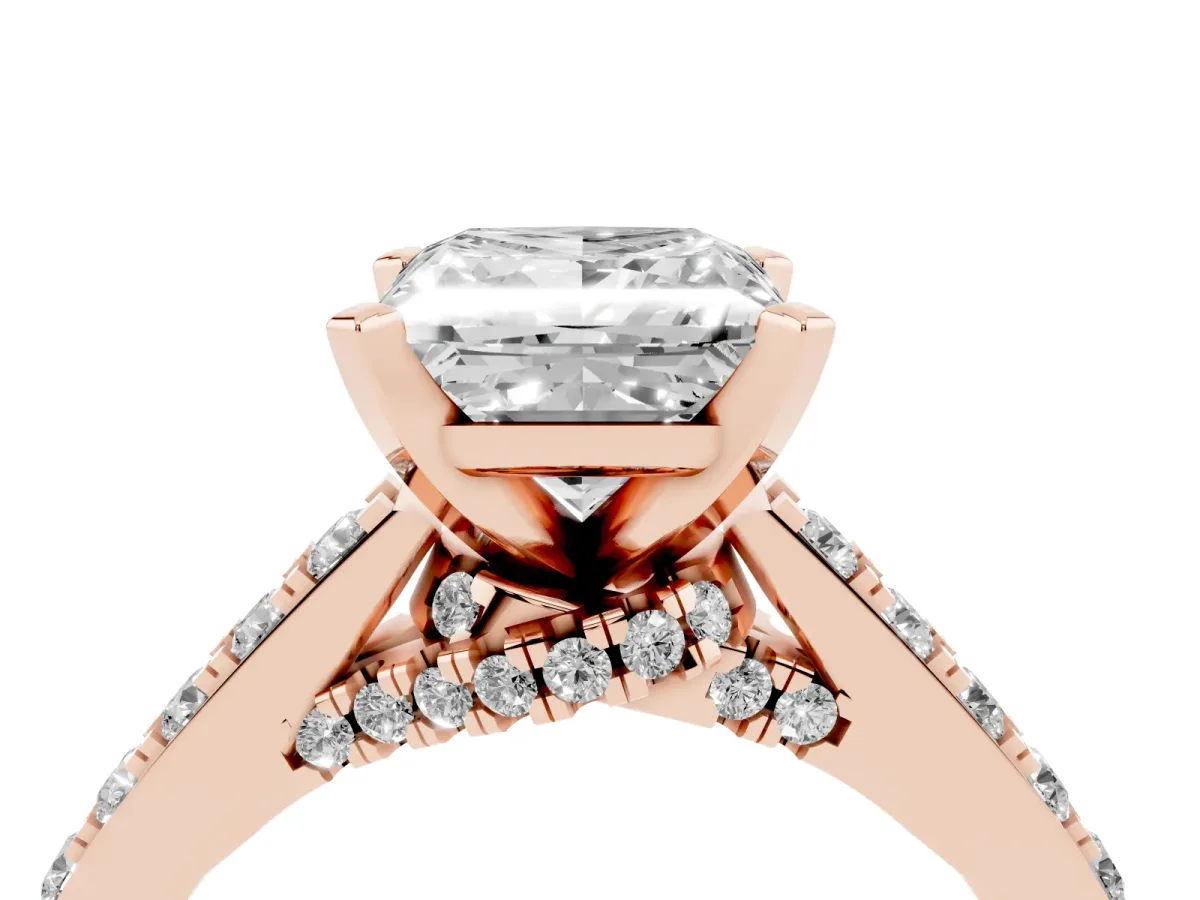 Princess Cut Diamond Solitaire Ring with Crossover Gallery and Round Pavé Band Rose gold