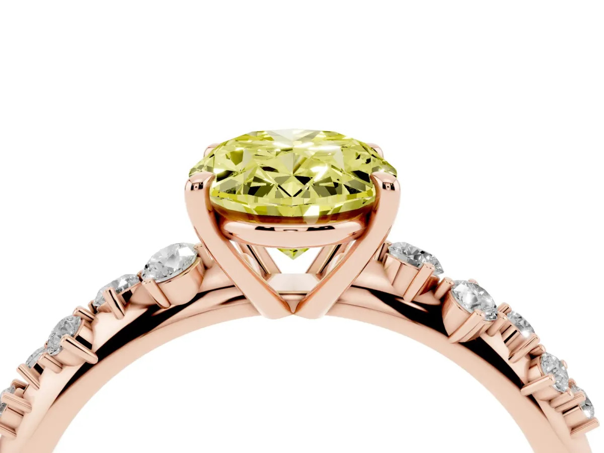 Fancy Yellow Oval Cut Diamond Cluster Side Stone Solitaire Ring with Prong Setting Rose gold