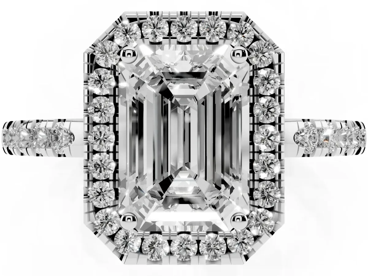 Emerald Cut Halo Diamond Engagement Ring with Pavé Band and Four-Prong Setting Silver