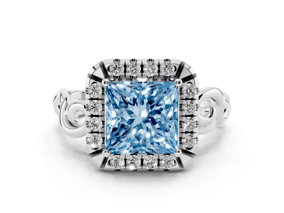 Fancy Blue Princess Cut Cut Halo Diamond Ring with Scrollwork Band and Four-Prong Setting Silver