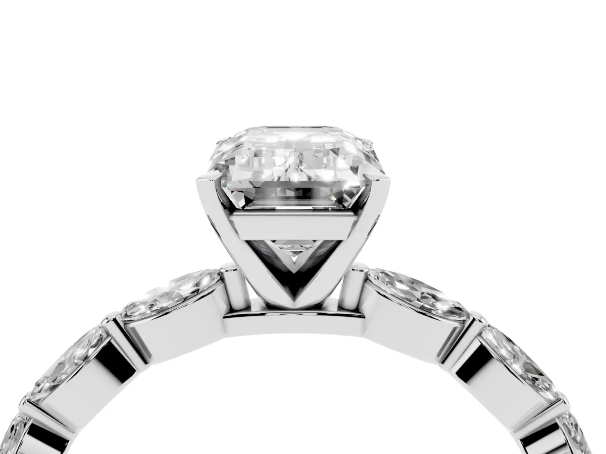 Emerald Cut Diamond Ring with Marquise Side Stones and Prong Setting Platinum