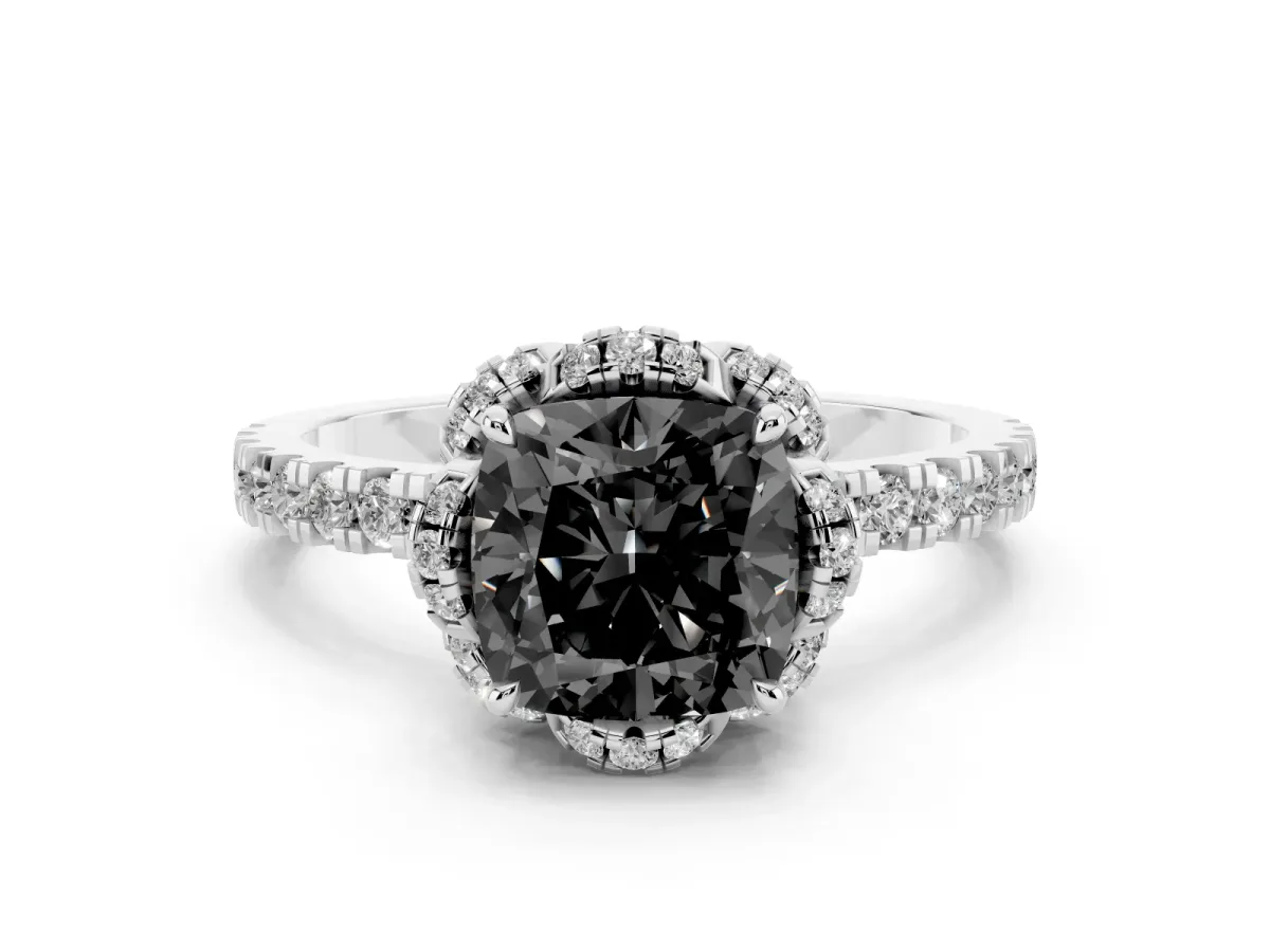 Fancy Black Cushion Cut Diamond Halo Pave Band with Four-Prong Setting Platinum