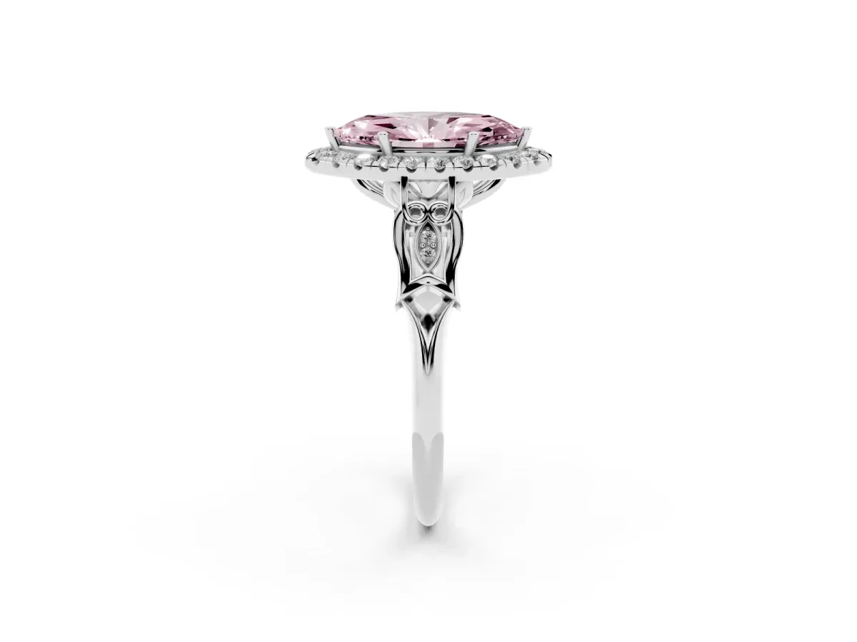 Fancy Pink Marquise Cut Halo Diamond Engagement Ring with Filigree Band and Four-Prong Setting Silver