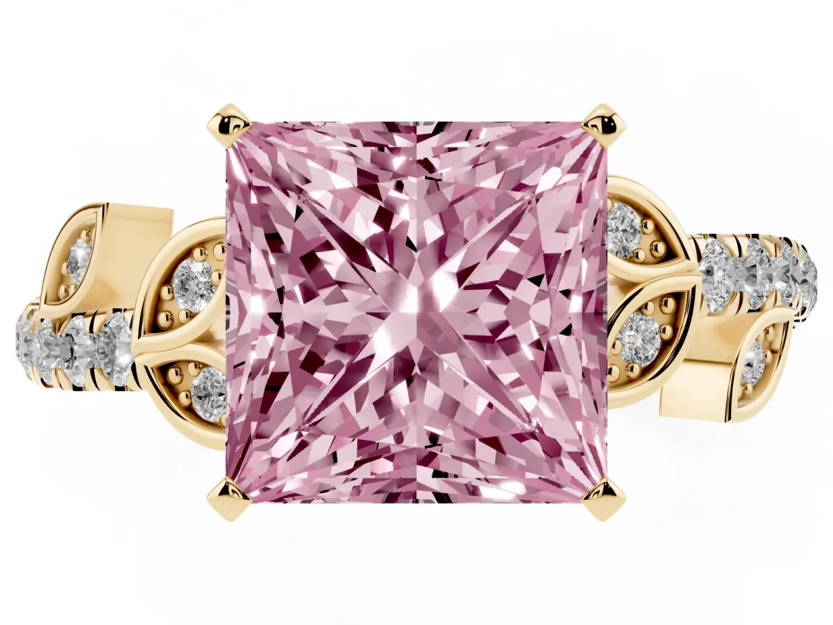 Fancy Pink Princess Cut Solitaire Leaf-Inspired Diamond Ring with Pavé Band and Four-Prong Setting Yellow gold