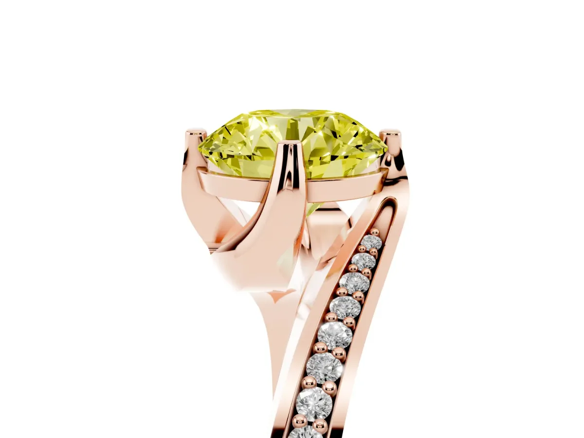Fancy Yellow Round Cut Solitaire Diamond Twist Band with Pavé Setting and Four-Prong Setting Rose gold