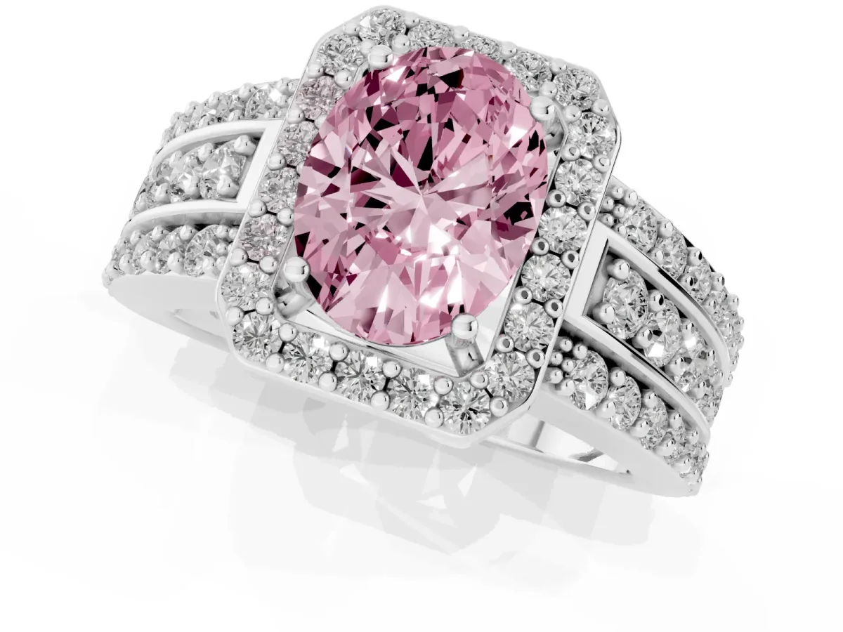 Fancy Pink Oval Cut Halo Diamond Ring with Round Split Shank and Prong Setting Platinum