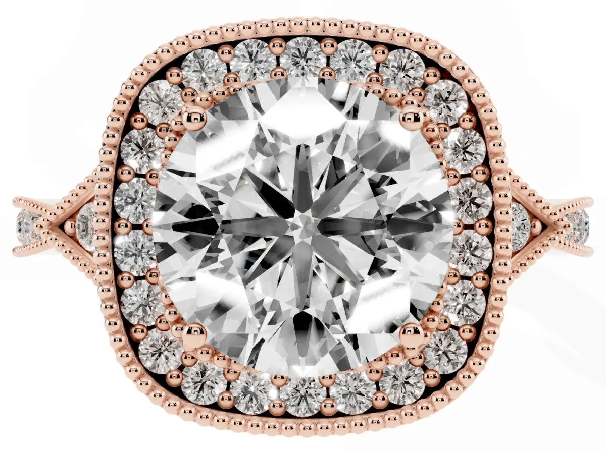 Round Cut Halo Round Diamond Milgrain Pave Engagement Ring Rose gold