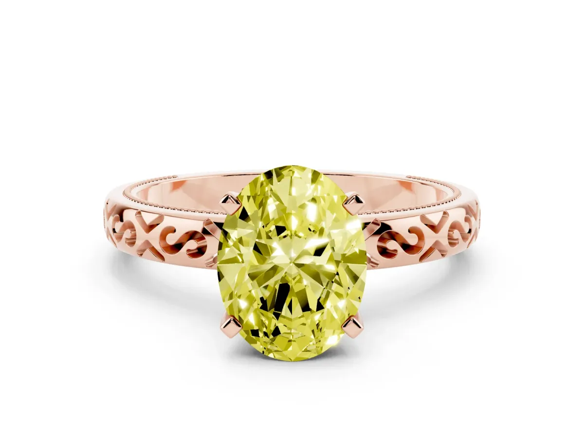 Fancy Yellow Oval Cut Solitaire Engagement Ring with Scrollwork Band and Four-Prong Setting Rose gold