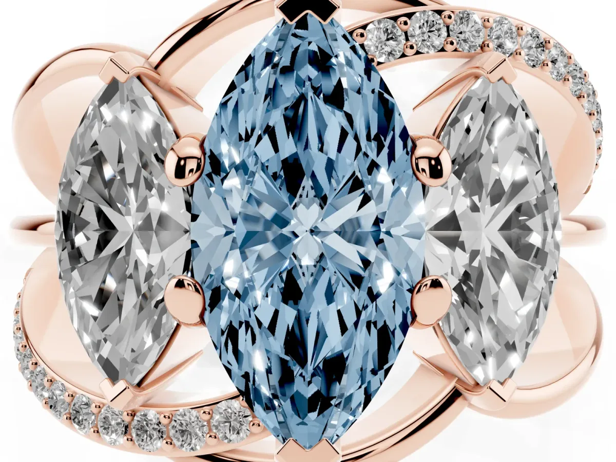 Fancy Blue Three-Stone Marquise Cut Cut Diamond Split Shank Prong Set Ring Rose gold