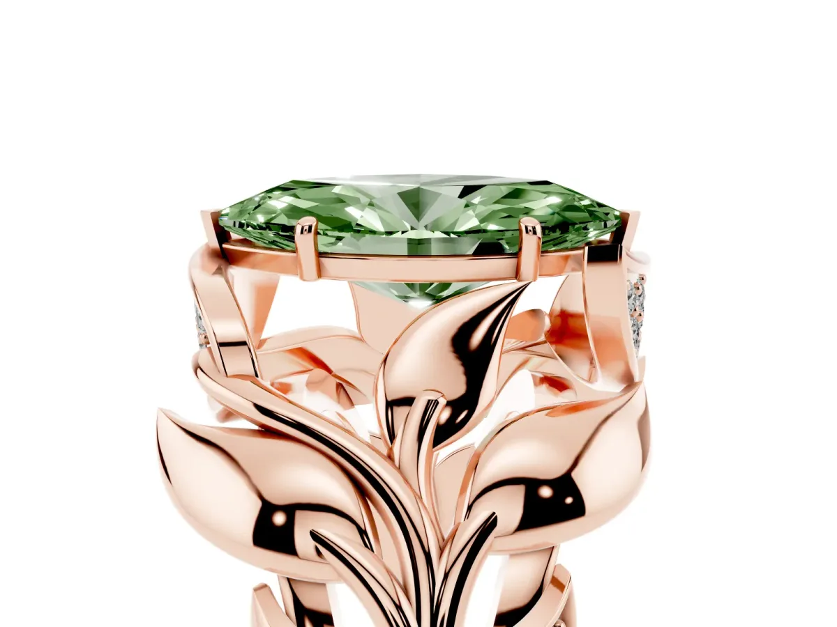 Fancy Green Marquise Cut Diamond Leaf-Inspired Engagement Ring with Round Accents and Prong Setting Rose gold