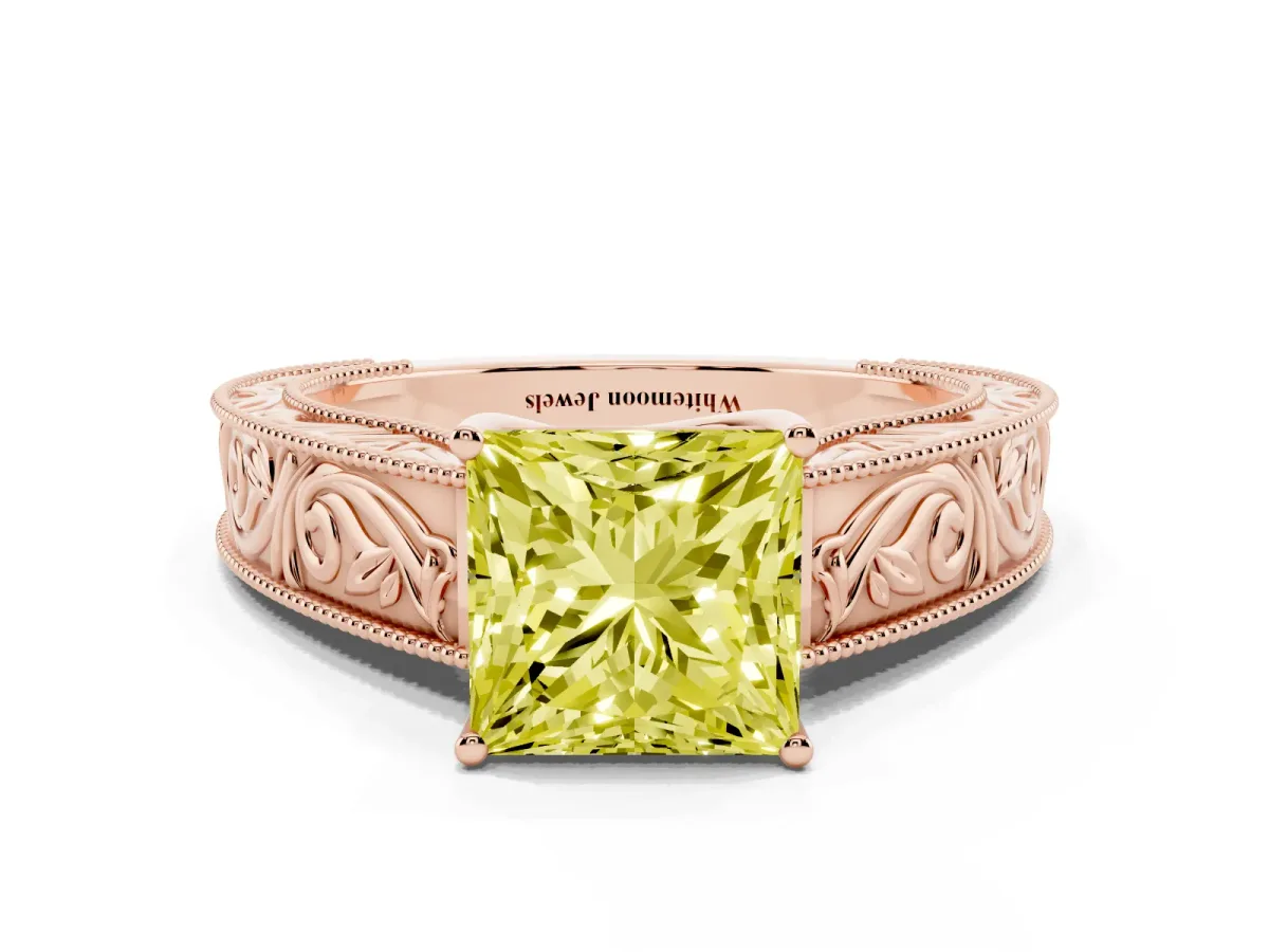 Fancy Yellow Princess Cut Diamond Solitaire Ring with Engraved Band and Four-Prong Setting Rose gold