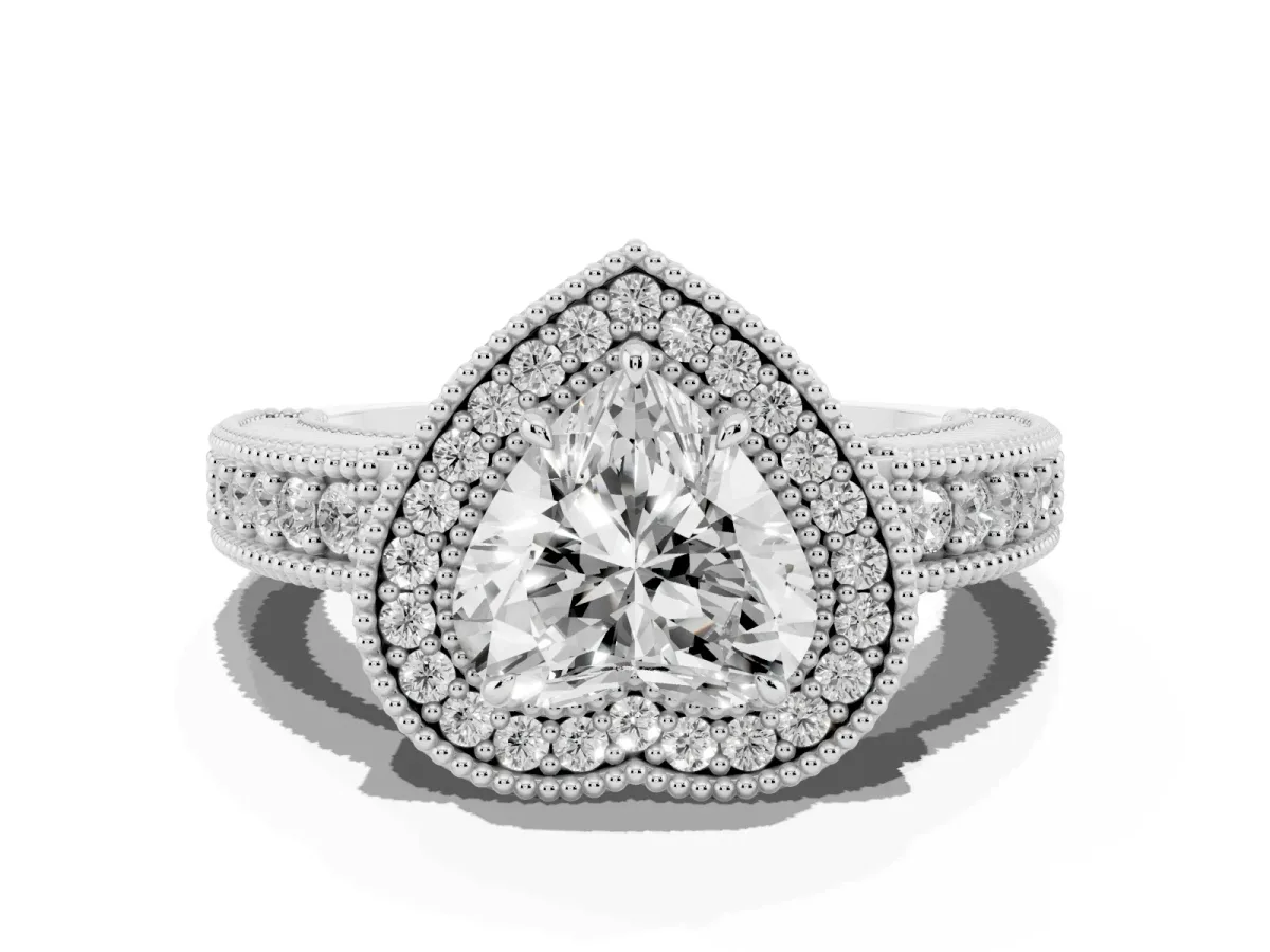 Heart Cut Cut Halo Diamond Ring with Pavé Band and Four-Prong Setting Silver