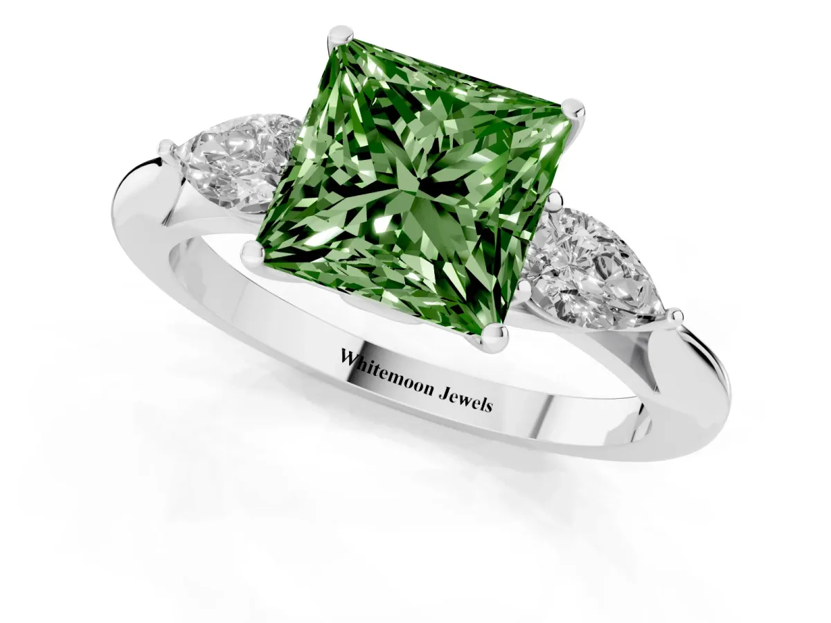 Fancy Green Three-Stone Princess Cut Diamond Ring with Pear Side Stones in Four-Prong Setting Silver