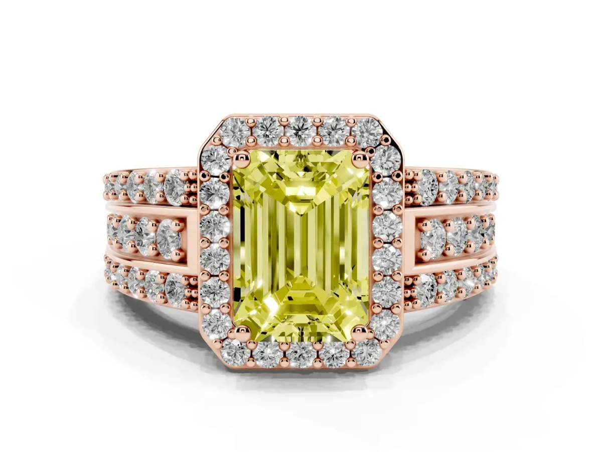 Fancy Yellow Emerald Cut Halo Diamond Ring with Round Split Shank and Prong Setting Rose gold