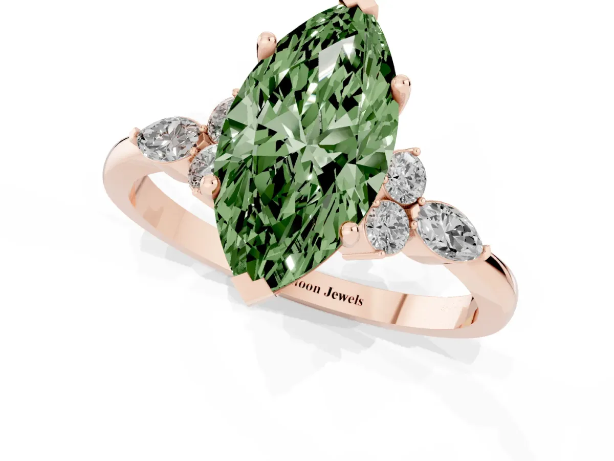 Fancy Green Marquise Cut Brilliant Diamond Solitaire Ring with Pear Side Stones and Four-Prong Setting Rose gold