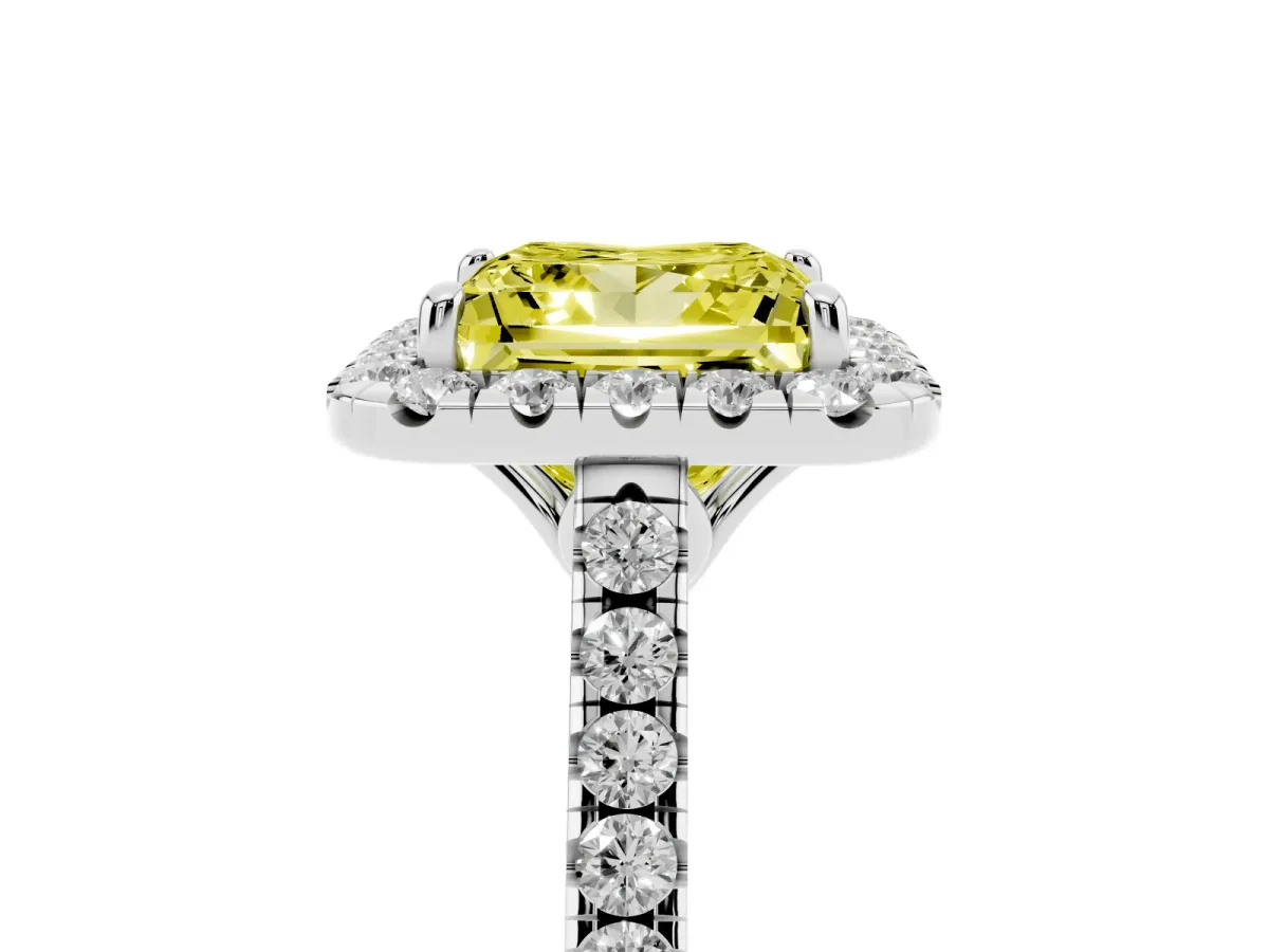Fancy Yellow Princess Cut Halo Pavé Diamond Engagement Ring with Four-Prong Setting Silver