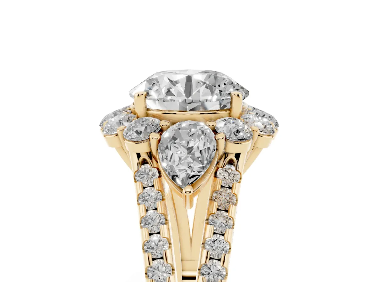 Round Cut Halo Split Shank Diamond Engagement Ring with Prong Setting Yellow gold
