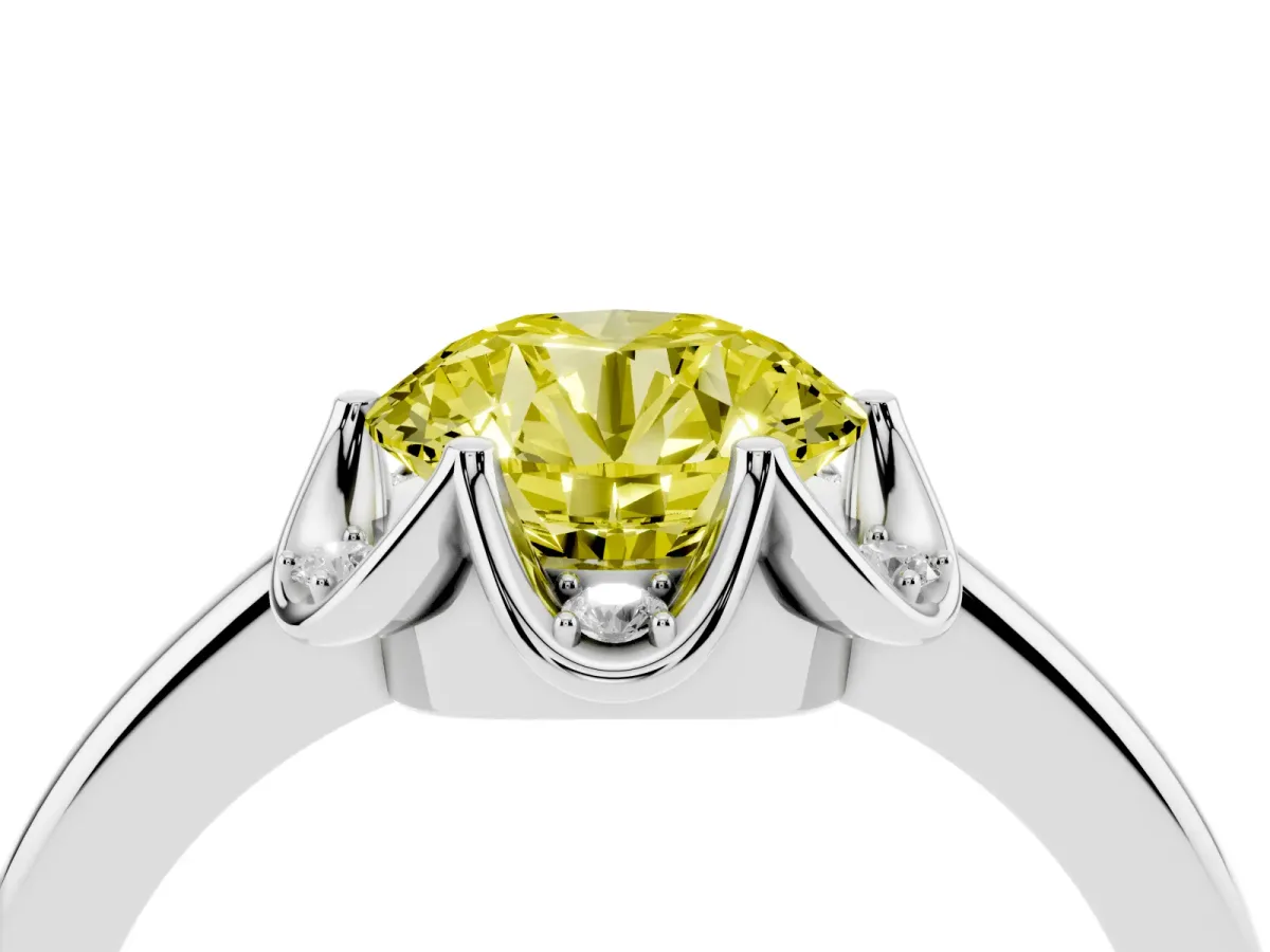 Fancy Yellow Round Cut Halo Diamond Ring with Round Cluster Setting, Solitaire Band, and Four-Prong Setting White gold